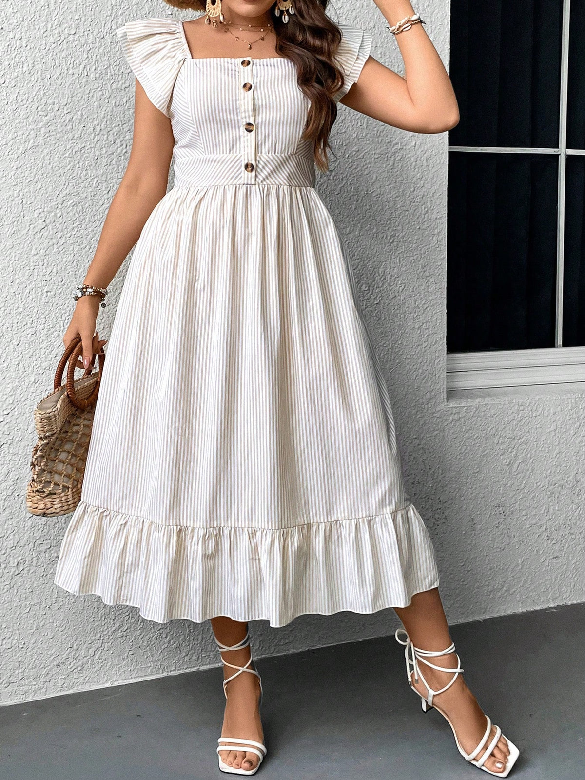 Plus Striped Print Dress with Ruffle Trim