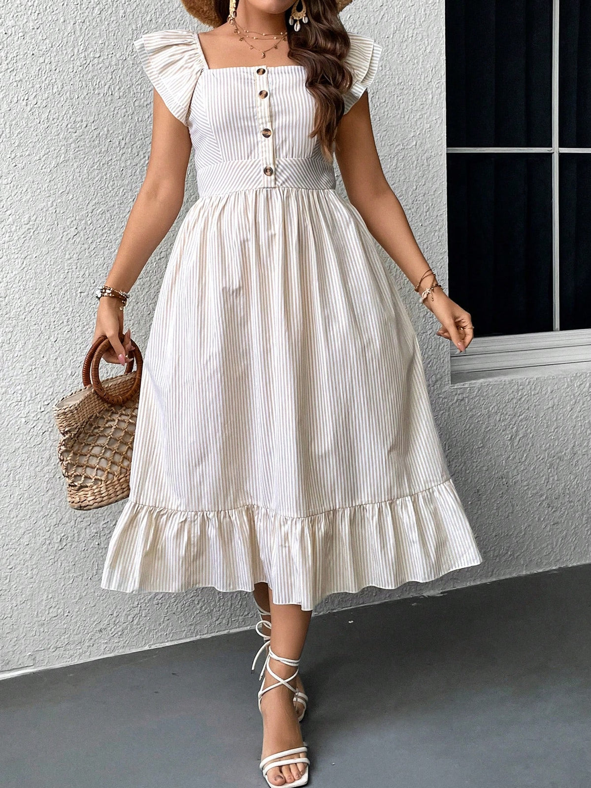 Plus Striped Print Dress with Ruffle Trim