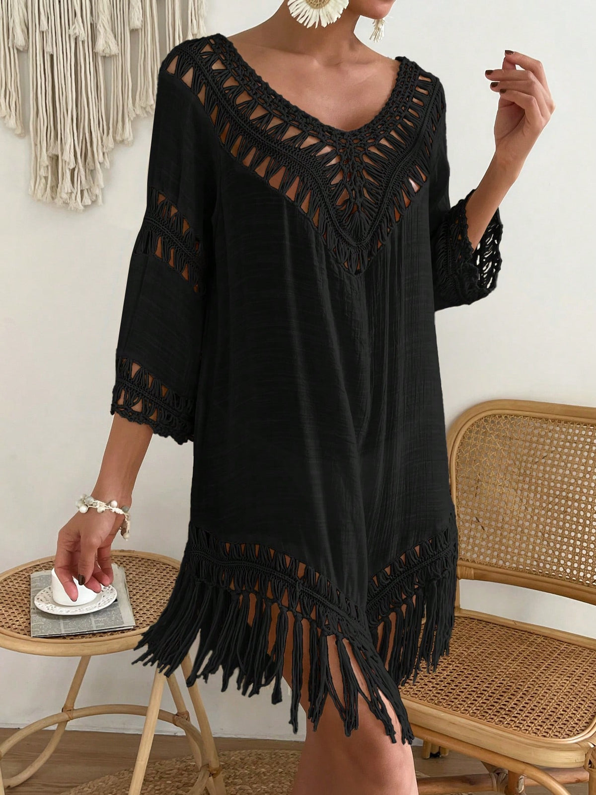 Boh Fringe Hem Crochet Cover Up Dress