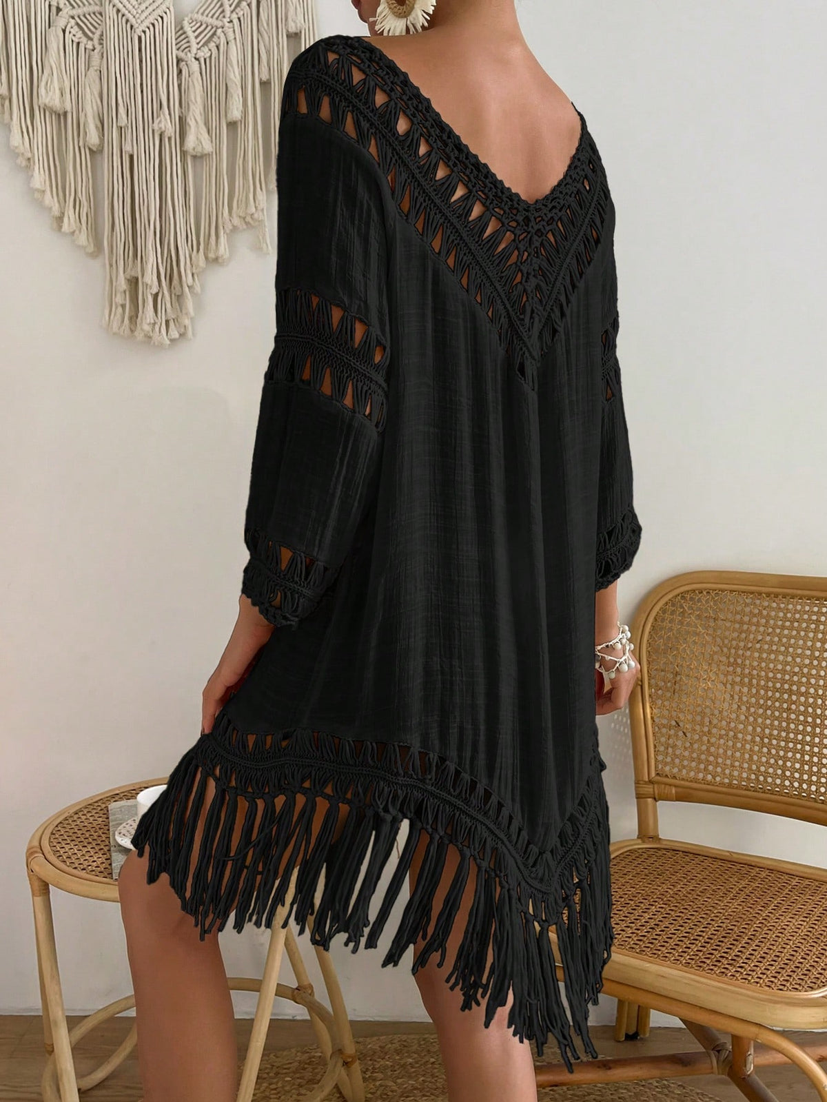 Boh Fringe Hem Crochet Cover Up Dress