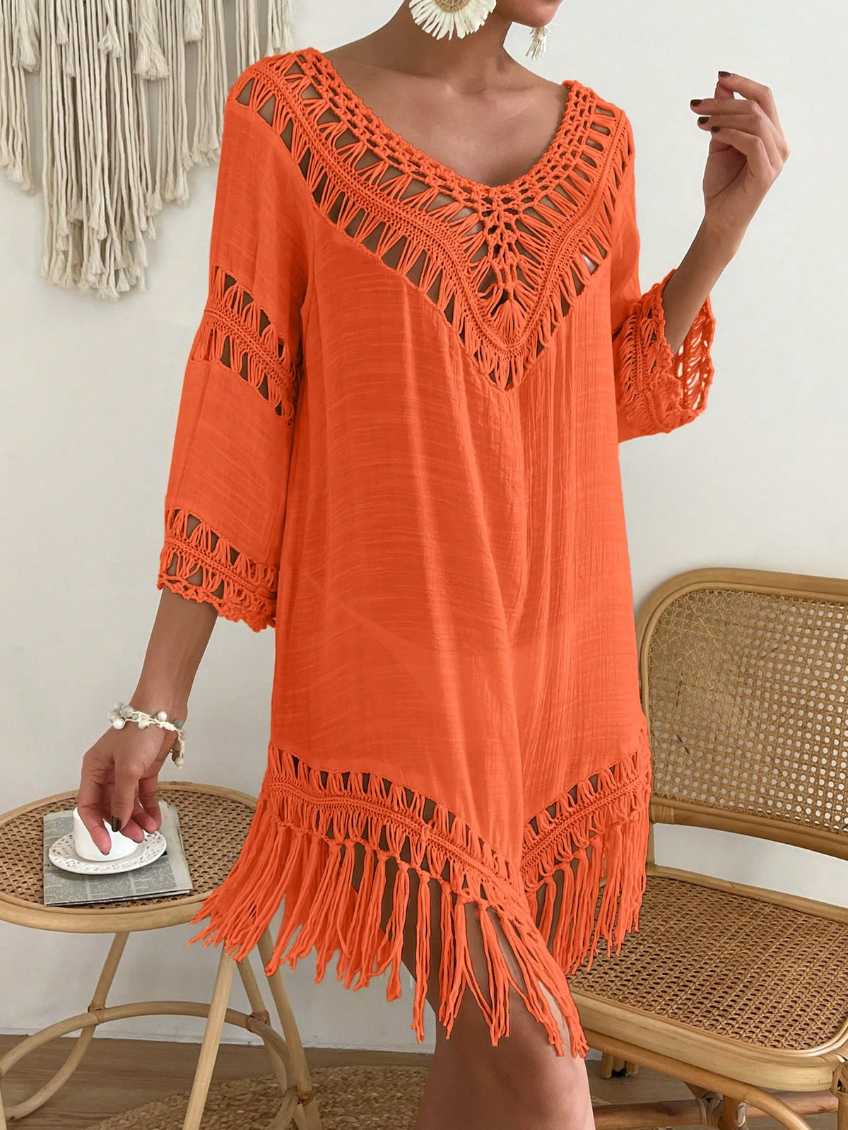 Boh Fringe Hem Crochet Cover Up Dress
