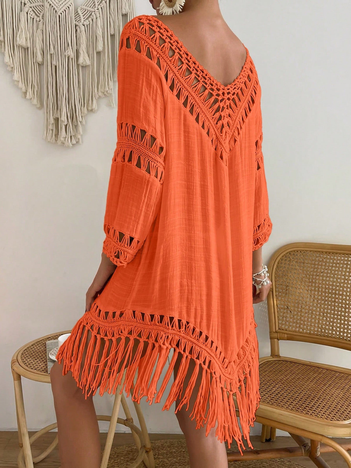 Boh Fringe Hem Crochet Cover Up Dress