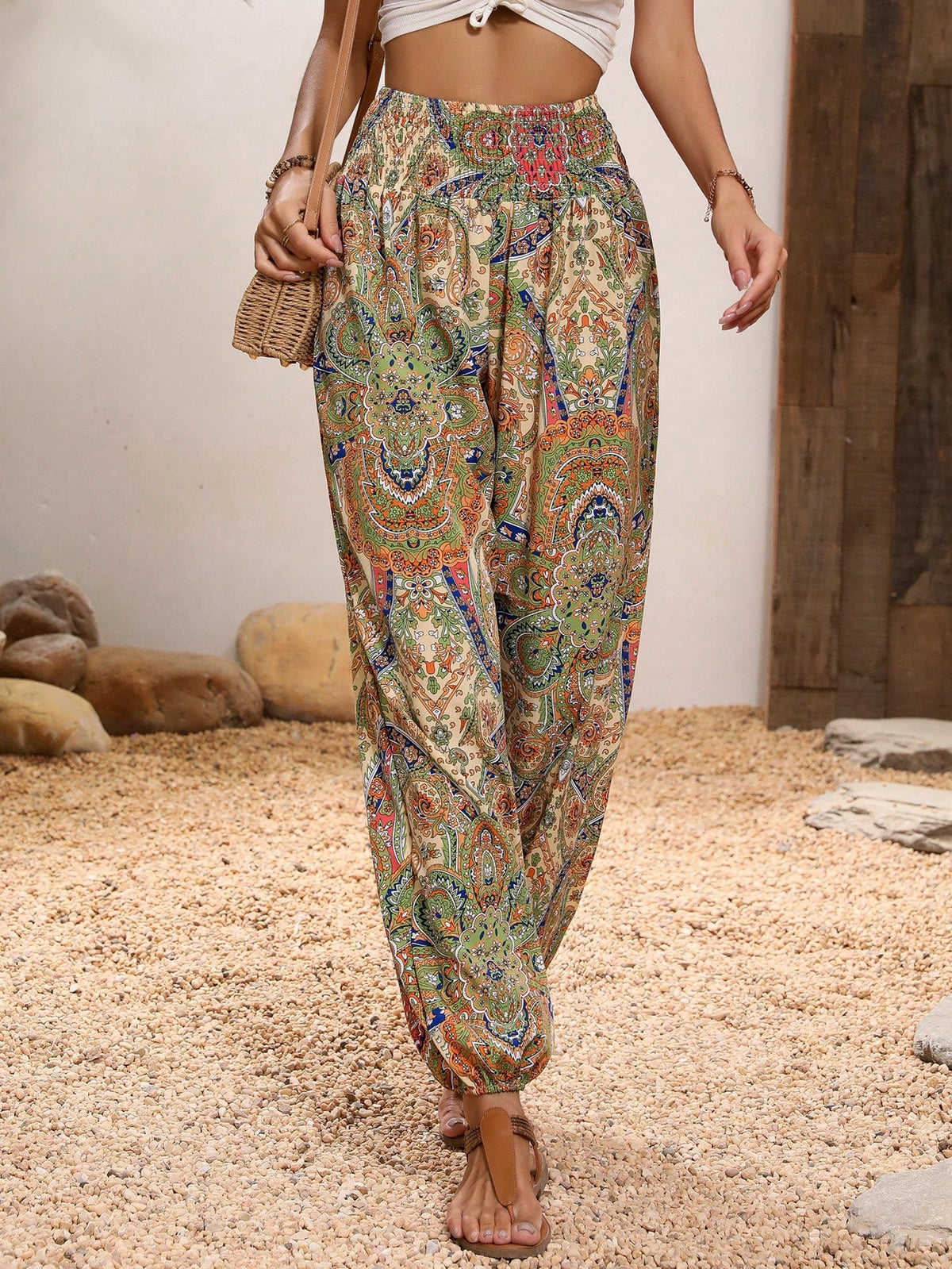 Paisley Print Pants with Shirred Waist