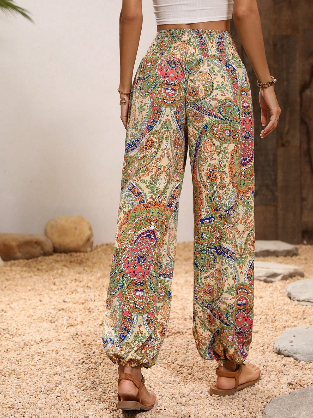 Paisley Print Pants with Shirred Waist