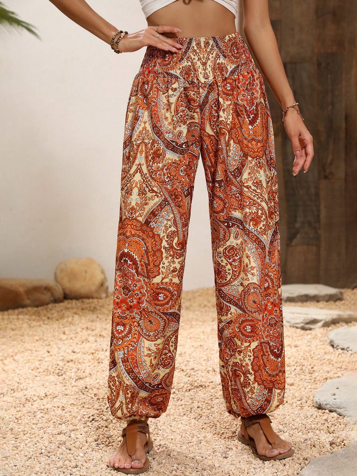 Paisley Print Pants with Shirred Waist