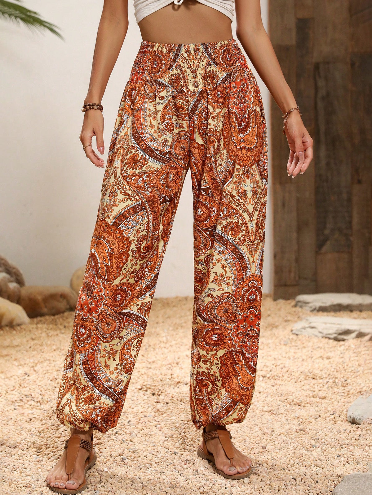 Paisley Print Pants with Shirred Waist