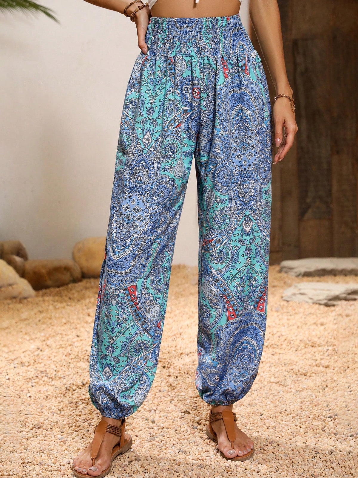 Paisley Print Pants with Shirred Waist