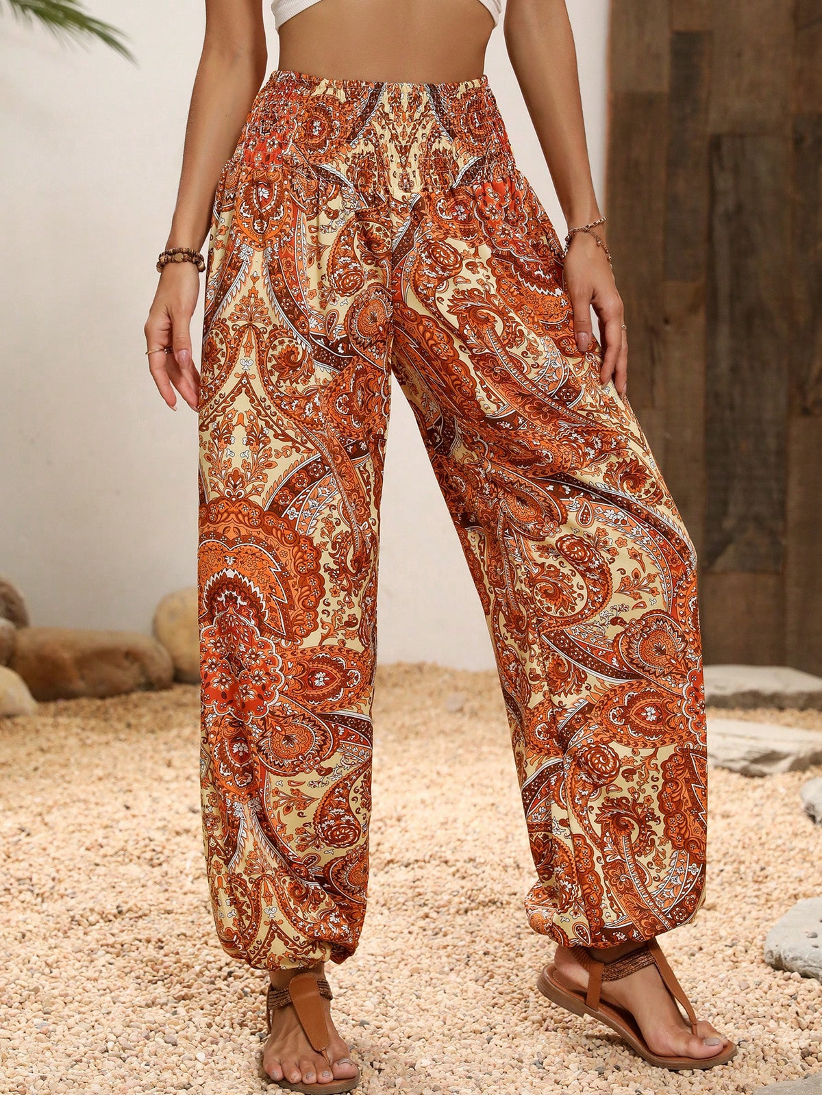 Paisley Print Pants with Shirred Waist
