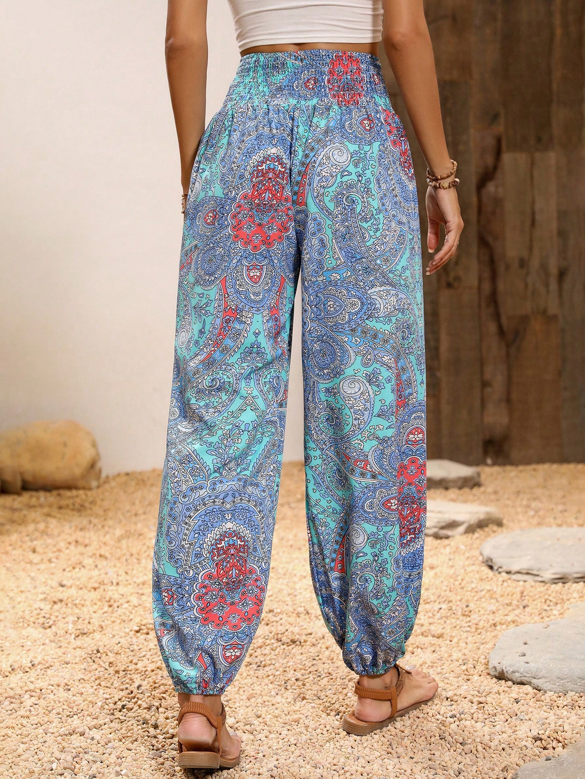 Paisley Print Pants with Shirred Waist