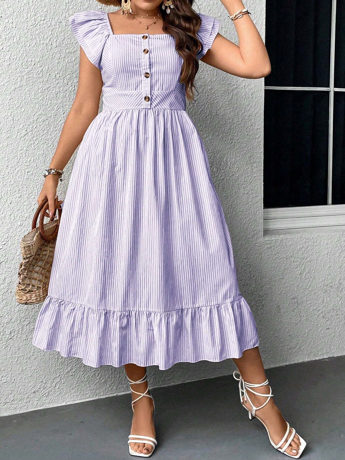 Plus Striped Print Dress with Ruffle Trim