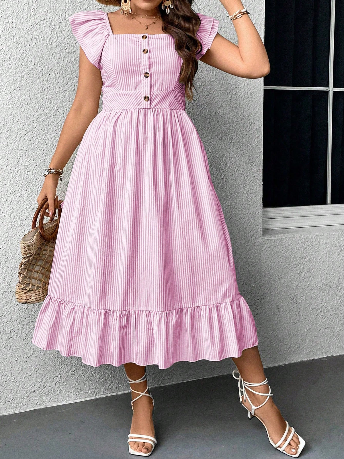 Plus Striped Print Dress with Ruffle Trim