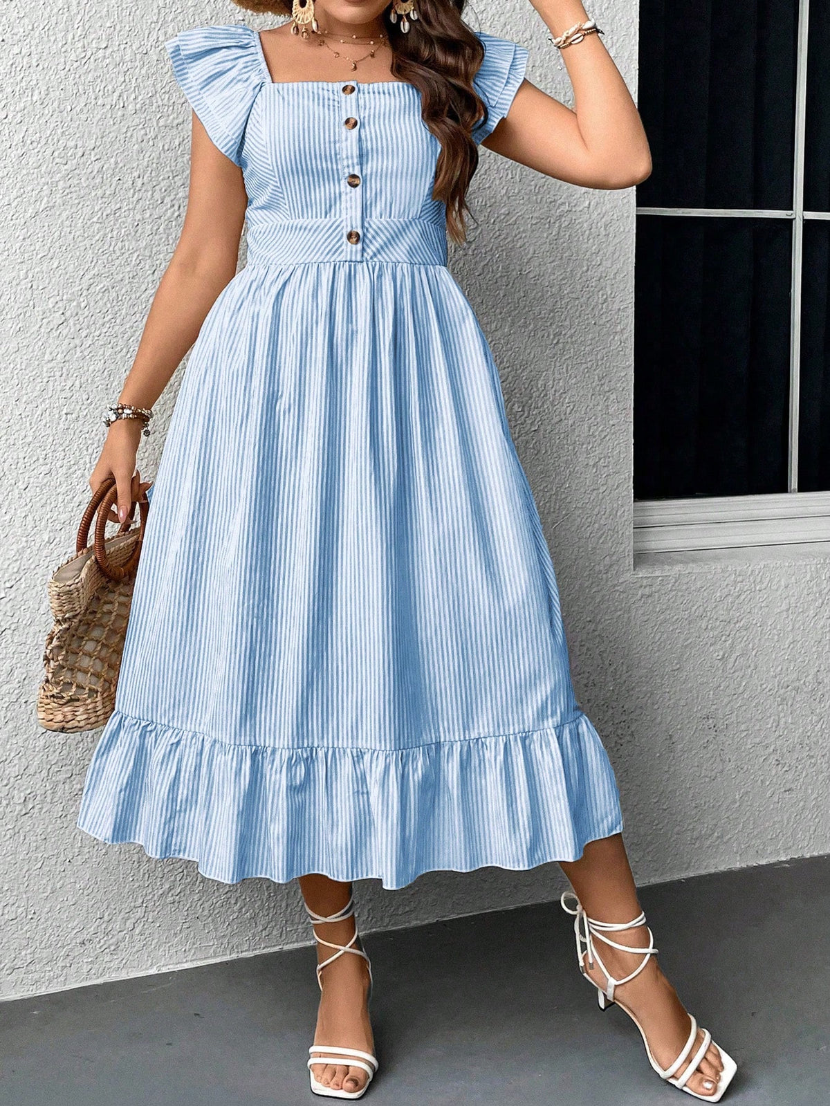 Plus Striped Print Dress with Ruffle Trim
