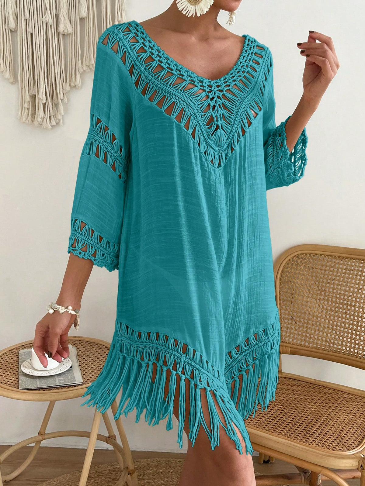 Boh Fringe Hem Crochet Cover Up Dress