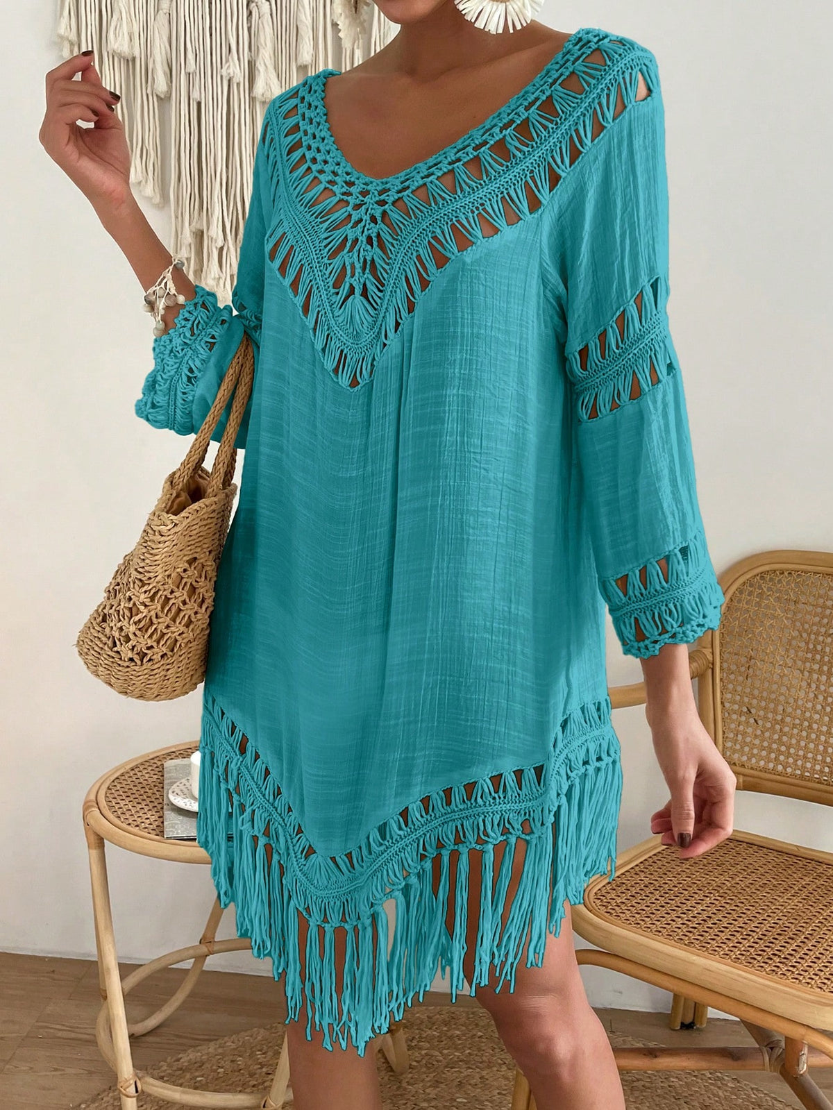Boh Fringe Hem Crochet Cover Up Dress