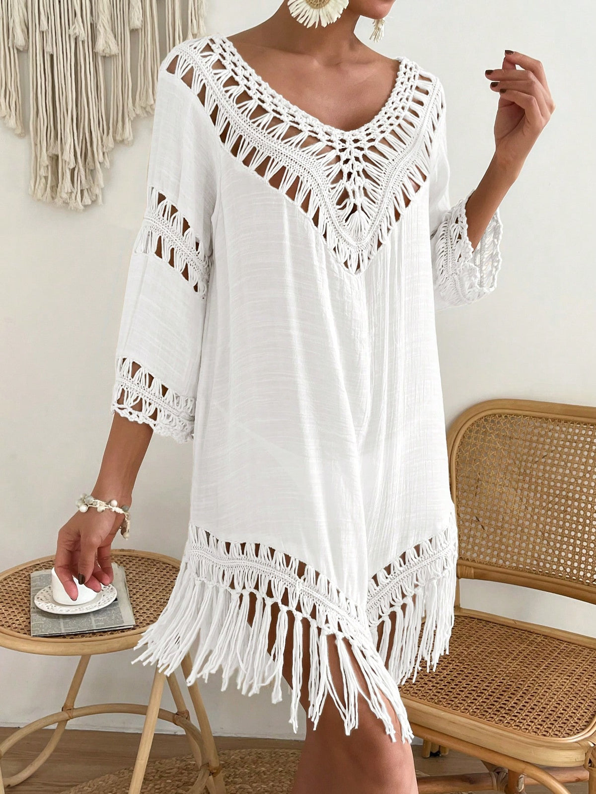 Boh Fringe Hem Crochet Cover Up Dress