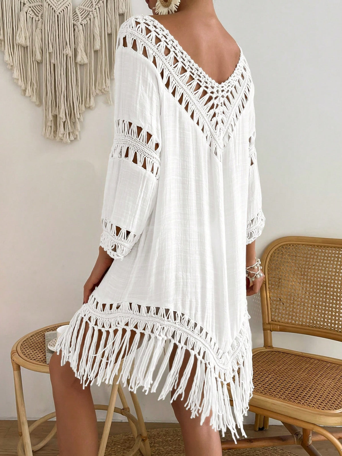 Boh Fringe Hem Crochet Cover Up Dress
