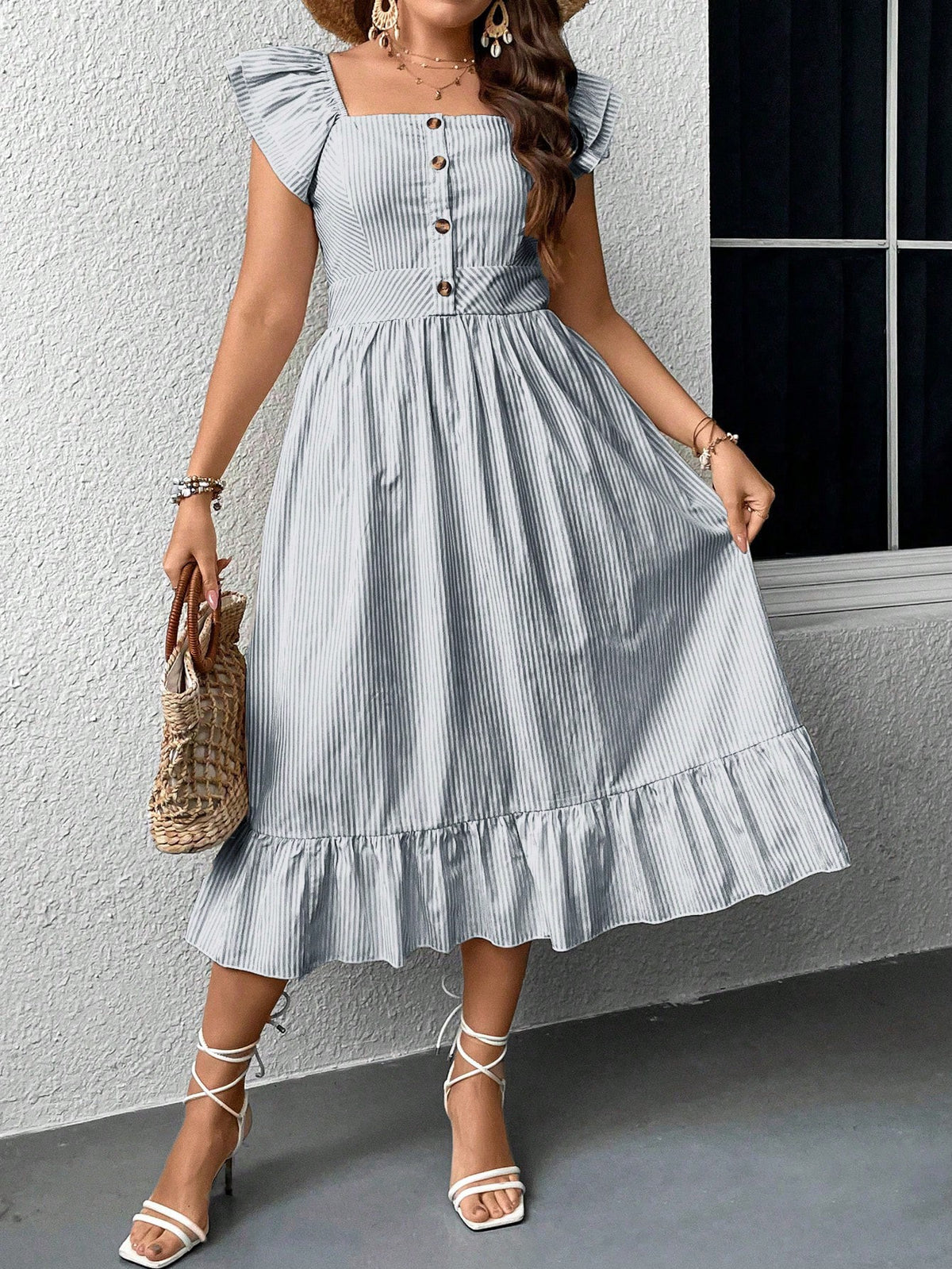 Plus Striped Print Dress with Ruffle Trim