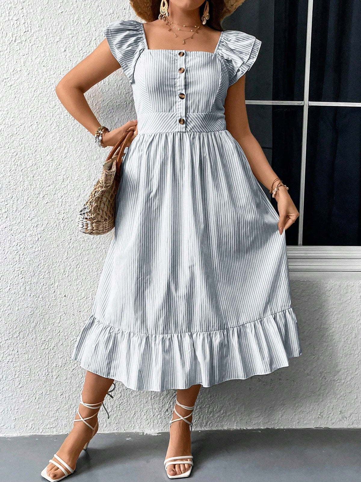 Plus Striped Print Dress with Ruffle Trim