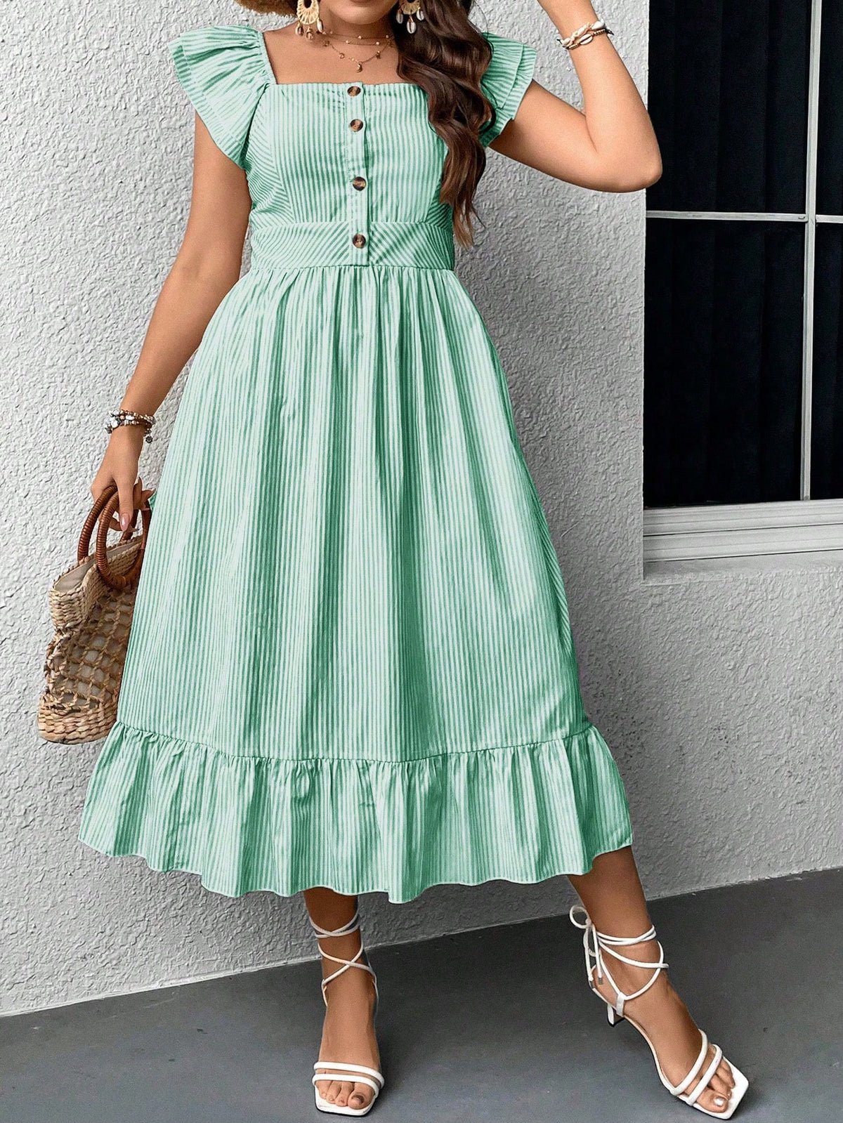 Plus Striped Print Dress with Ruffle Trim