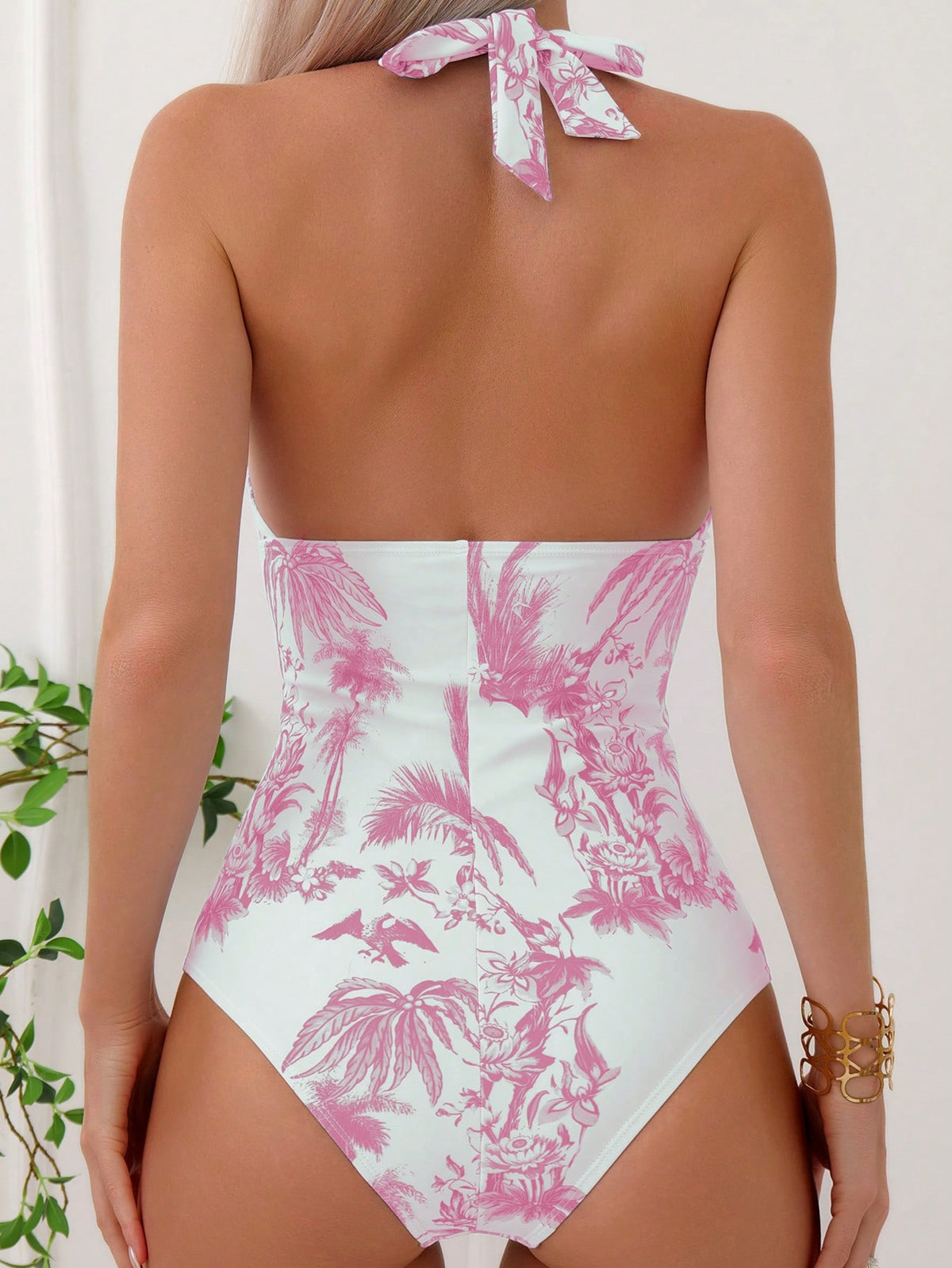 Tropical Print Backless Halter One Piece Swimsuit
