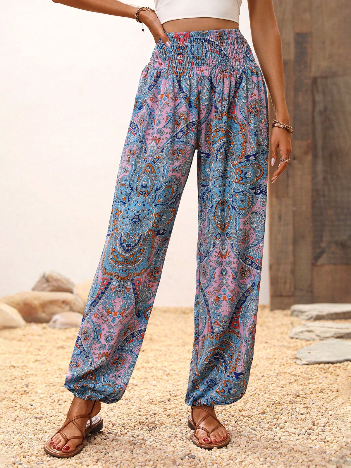 Paisley Print Pants with Shirred Waist