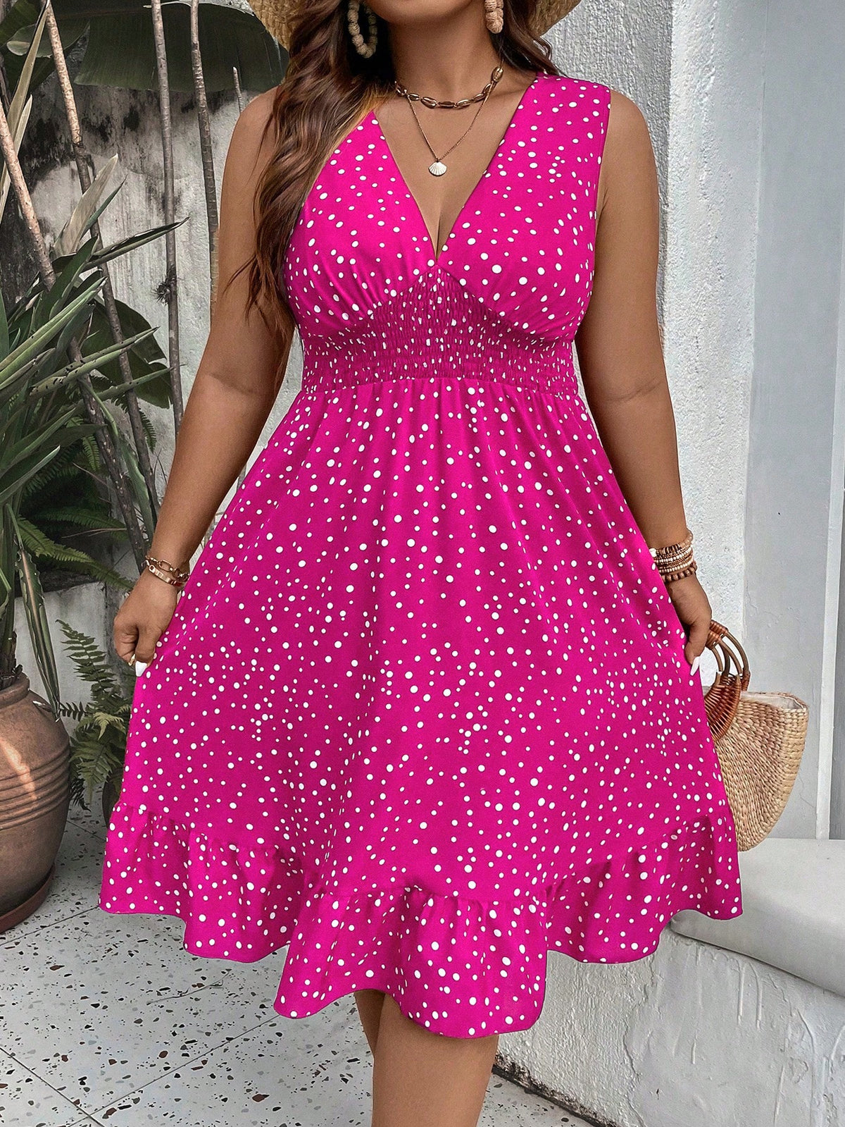 Plus Polka Dot Dress with Ruffle Hem