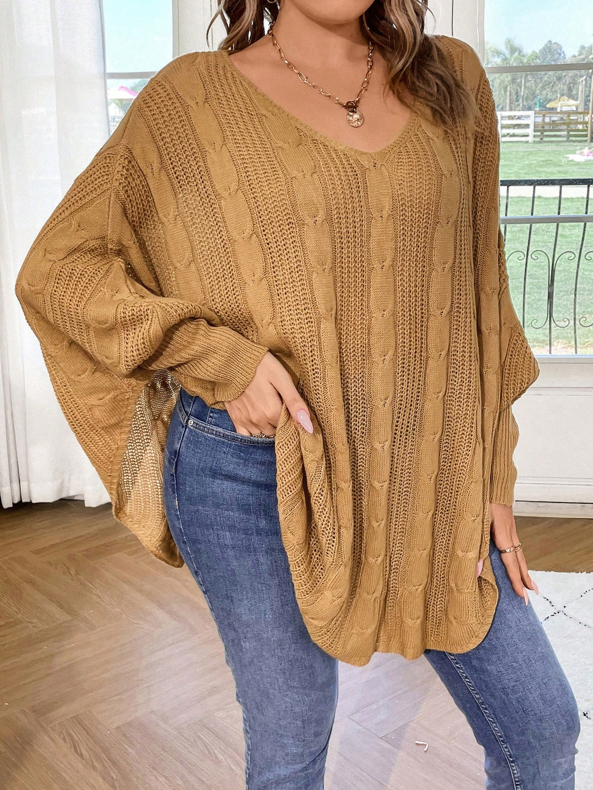 Plus Cable Knit Sweater with Asymmetrical Hem