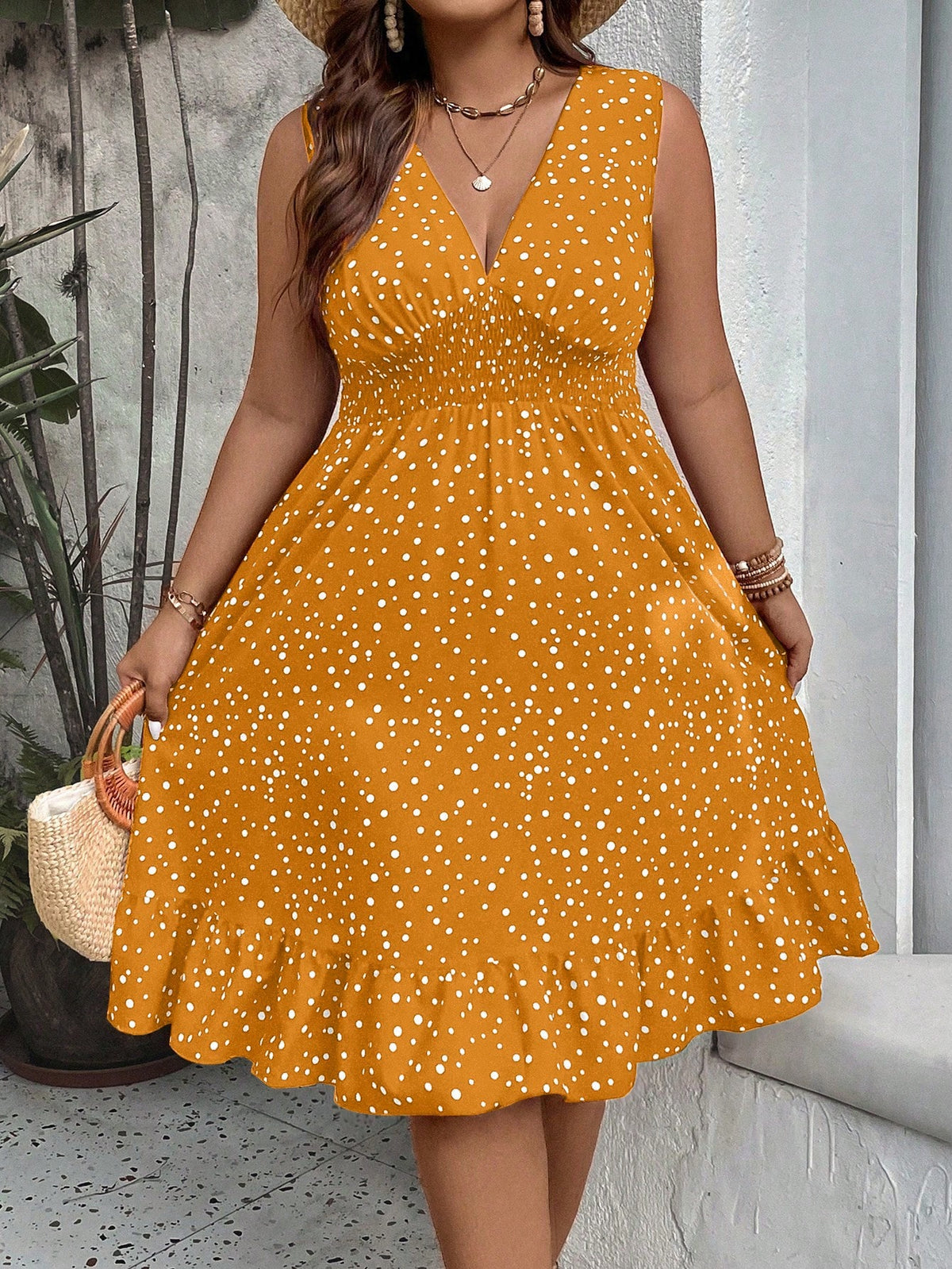 Plus Polka Dot Dress with Ruffle Hem