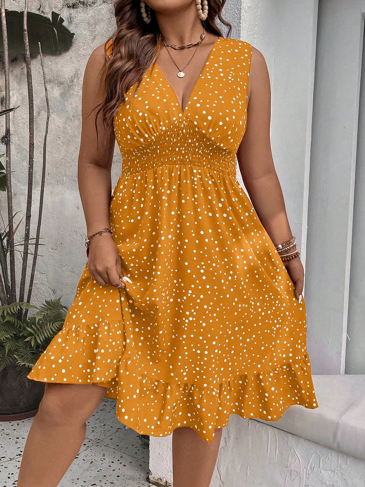 Plus Polka Dot Dress with Ruffle Hem