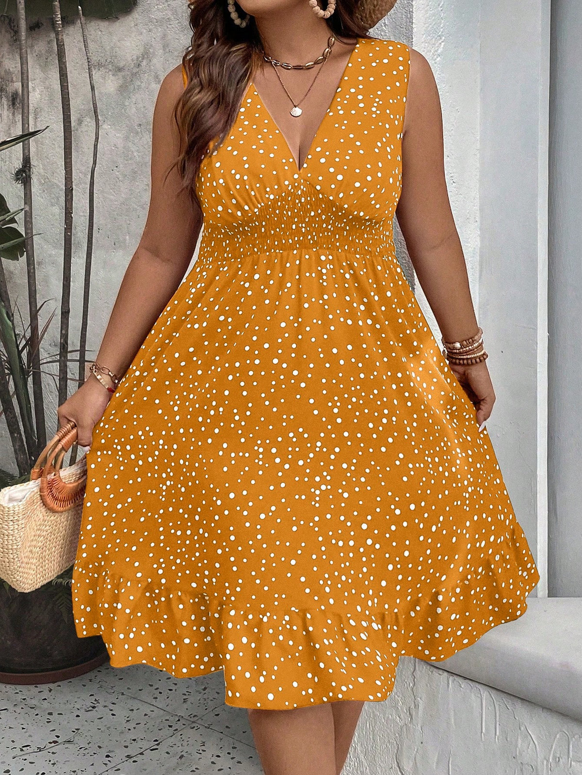 Plus Polka Dot Dress with Ruffle Hem