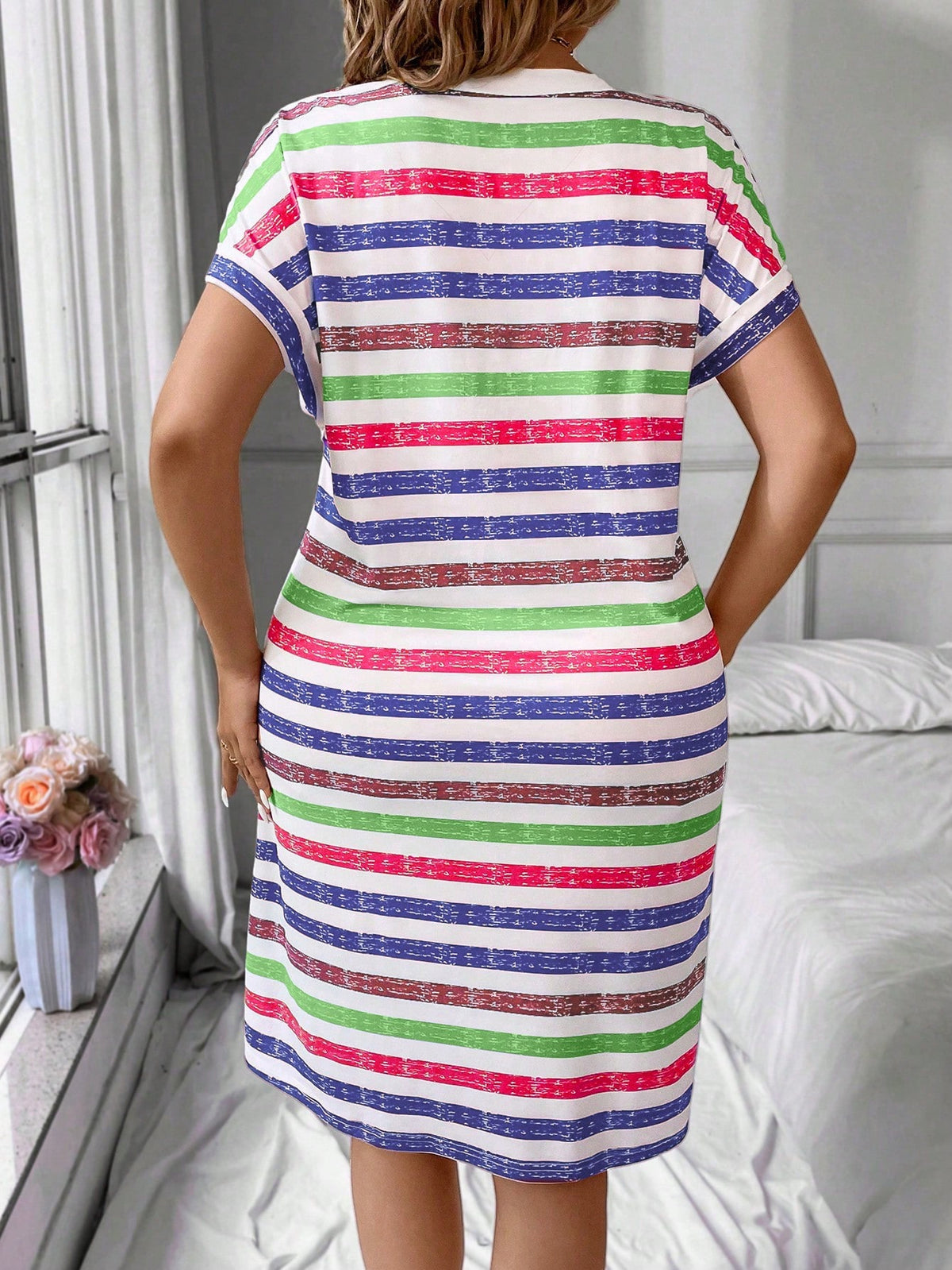 Plus Striped V Neck Casual Dress