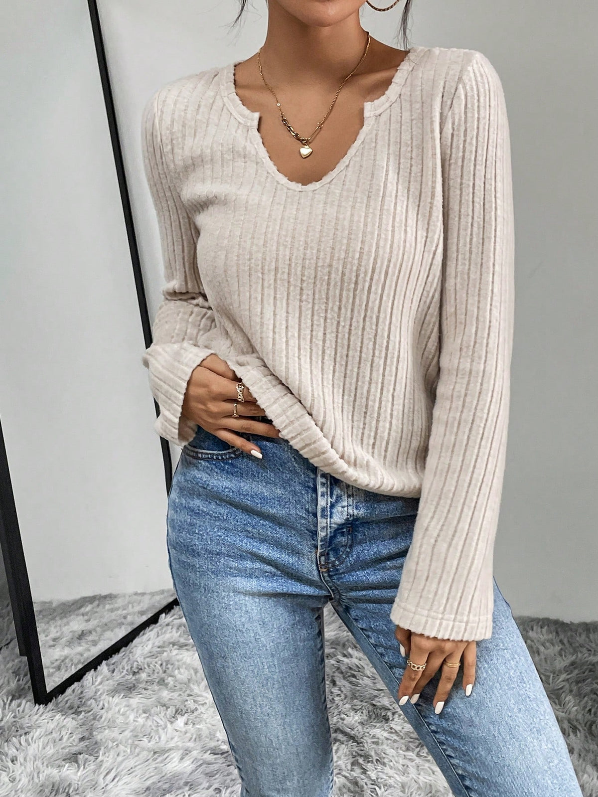 Ribbed Knit Tee with Notched Neck