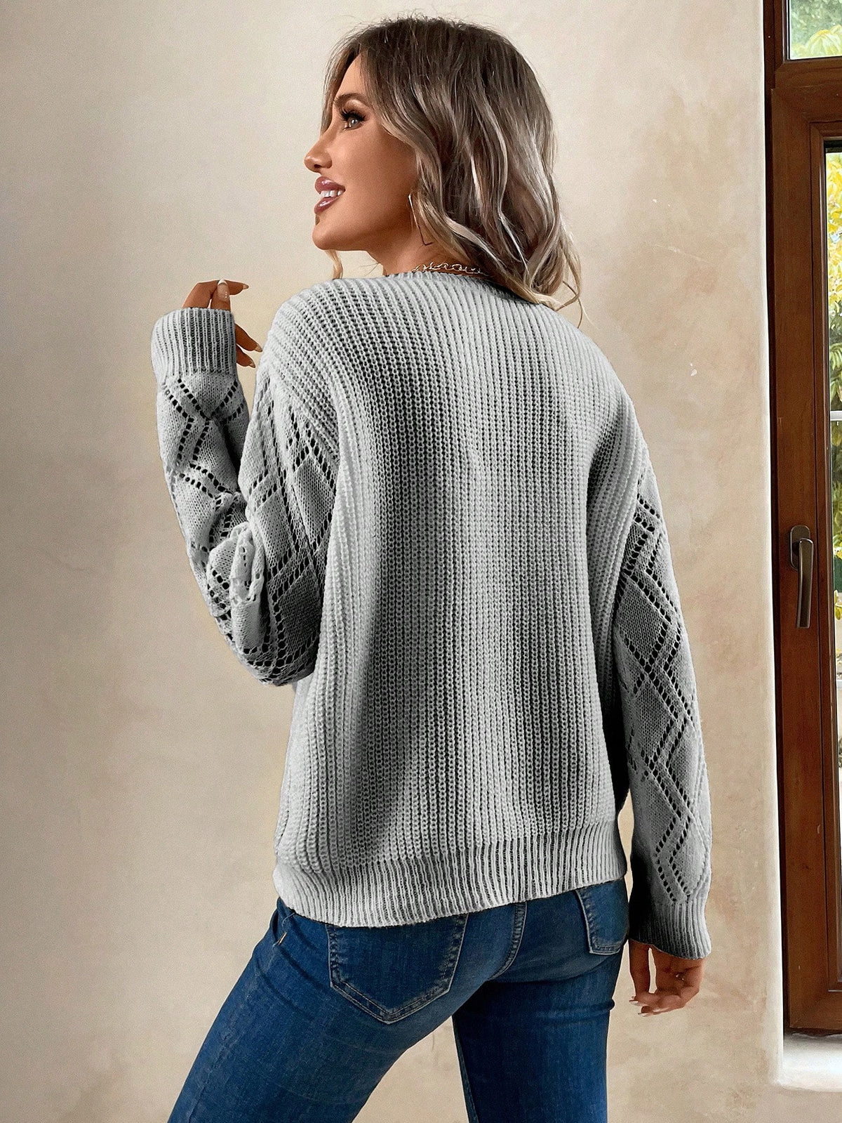 Knit Drop Shoulder Sweater with Lace Panel