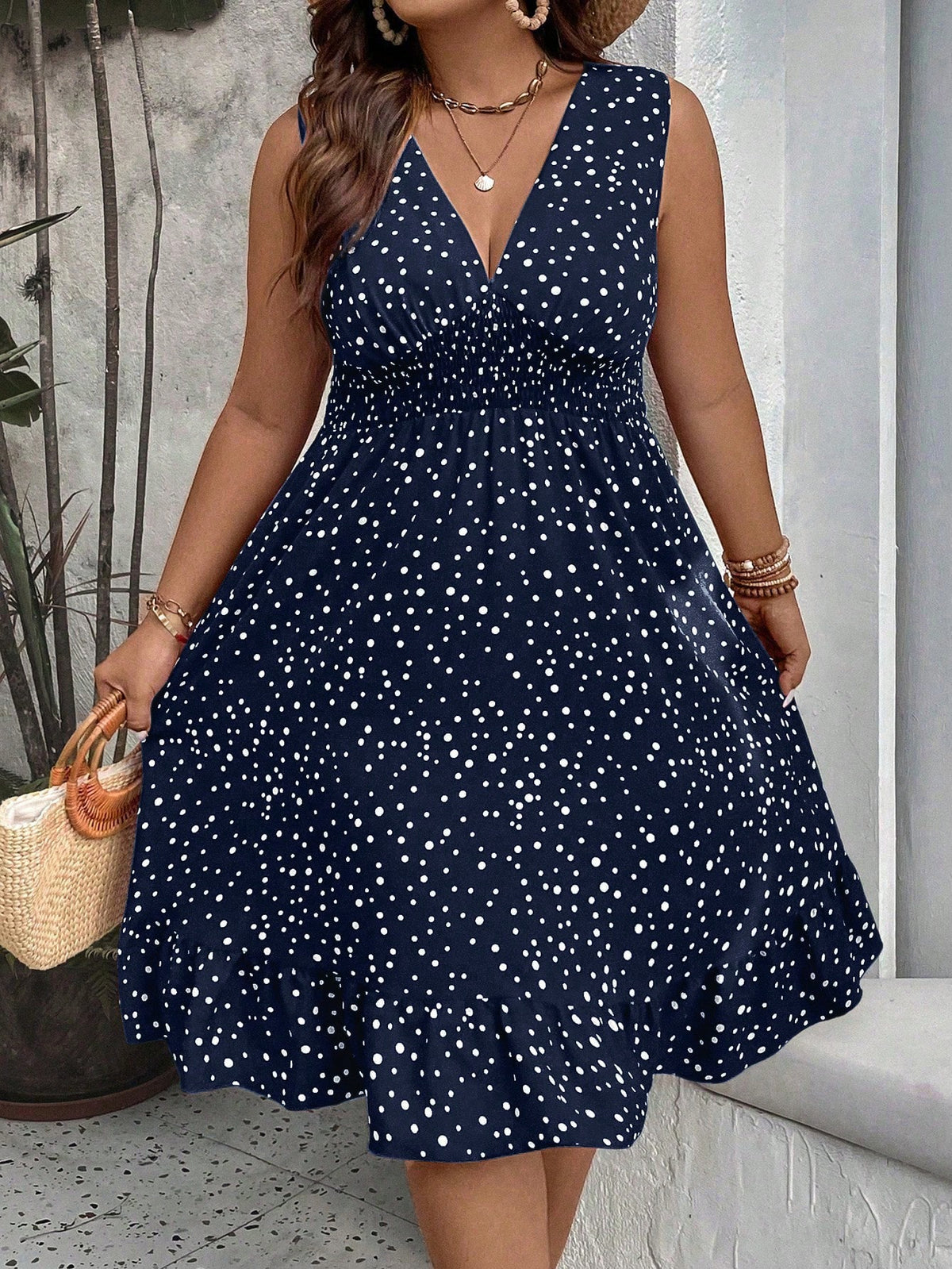 Plus Polka Dot Dress with Ruffle Hem