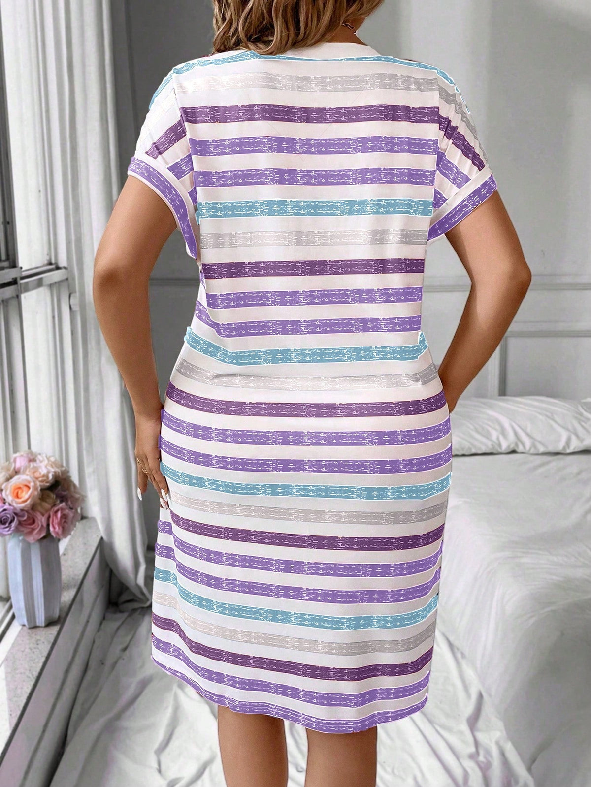 Plus Striped V Neck Casual Dress
