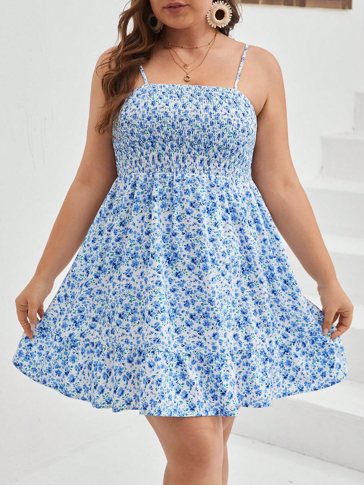 Plus Floral Print Cami Dress with Ruffle Hem