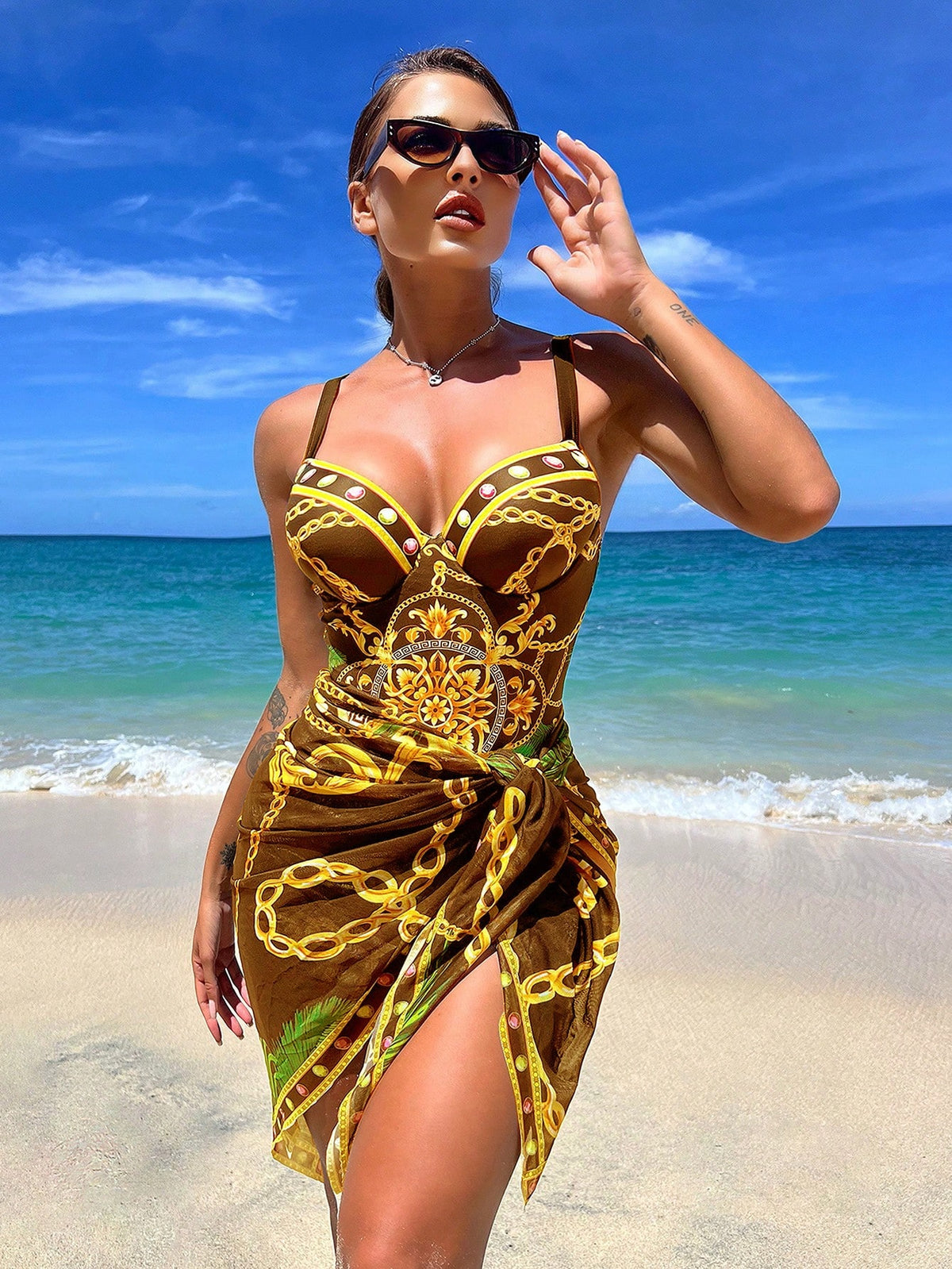 Boho One Piece Swimsuit With Beach Skirt