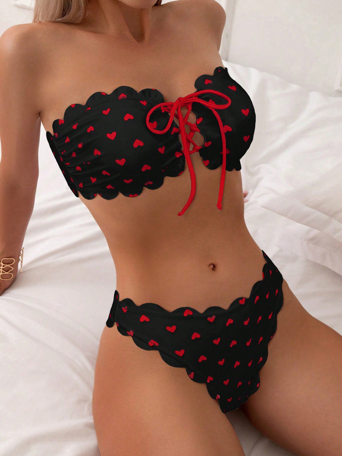 Heart Print Swimsuit With Scalloped Edges