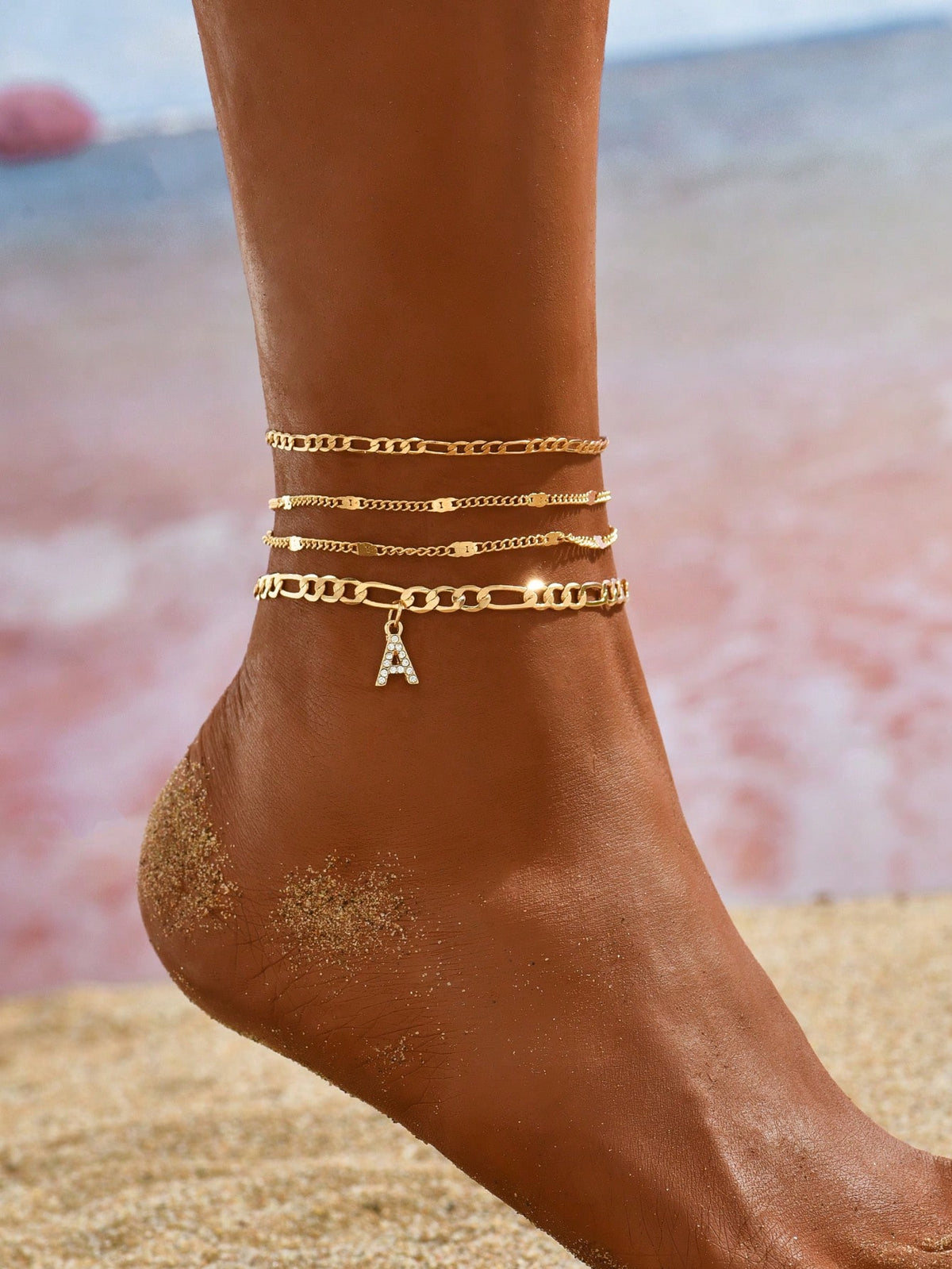 3pcs set Gold-tone Pendant Tassel Beaded Anklet