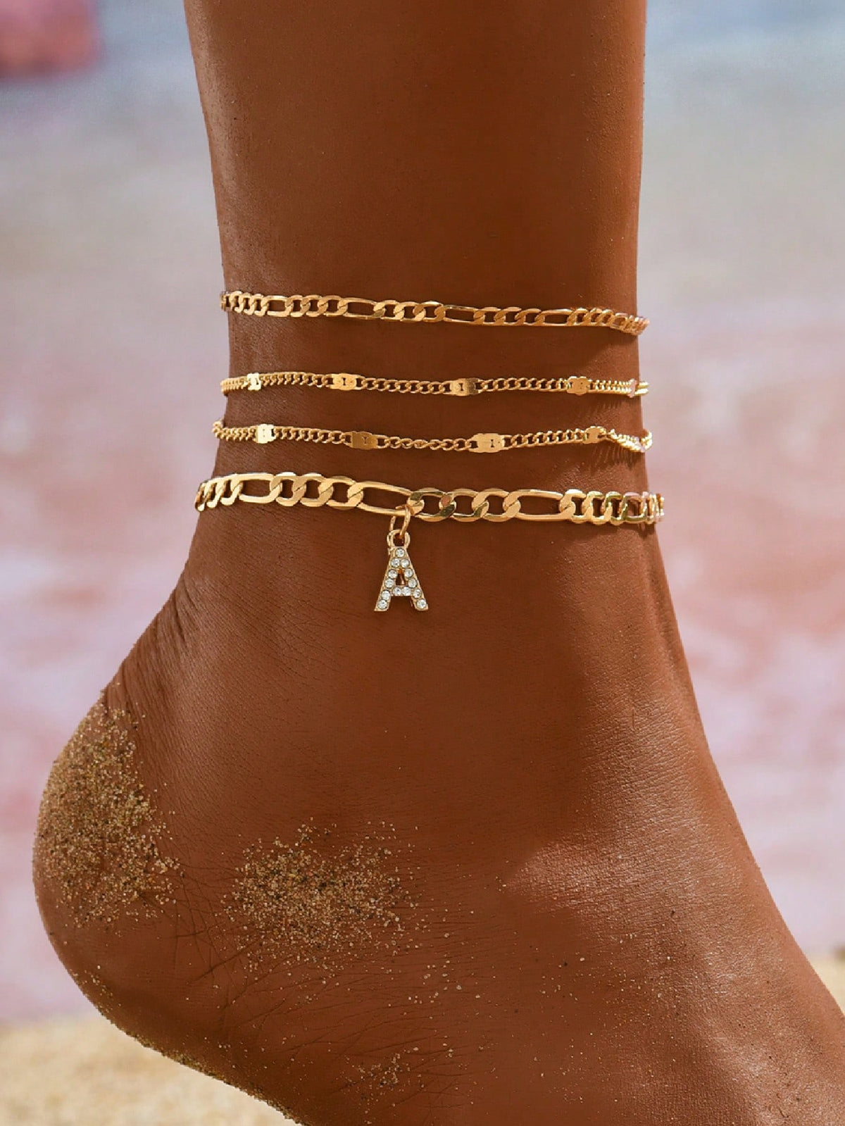 3pcs set Gold-tone Pendant Tassel Beaded Anklet