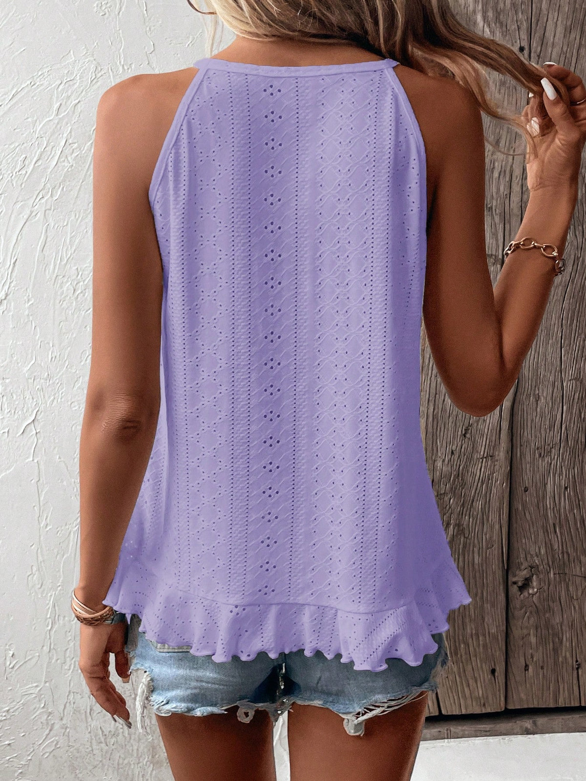 Eyelet Embroidery Halter Top with Ruffle Trim