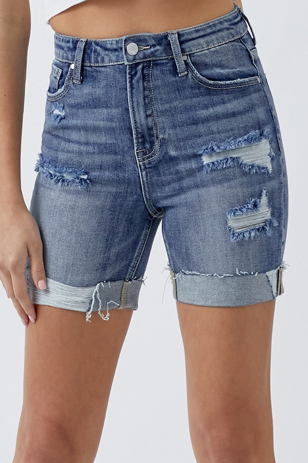 Plus Size Distressed Rolled Denim Shorts with Pockets