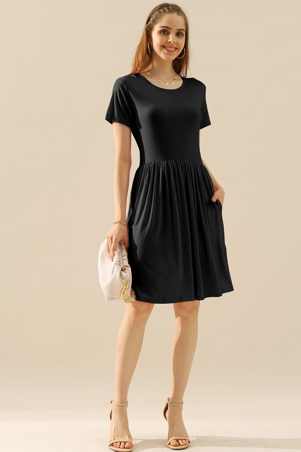 Plus Size Round Neck Ruched Dress with Pockets