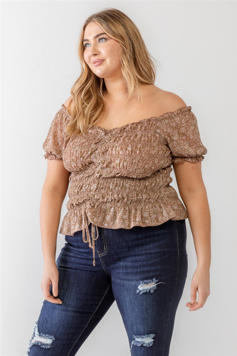 Plus Size Frill Ruched Off-Shoulder Short Sleeve Blouse