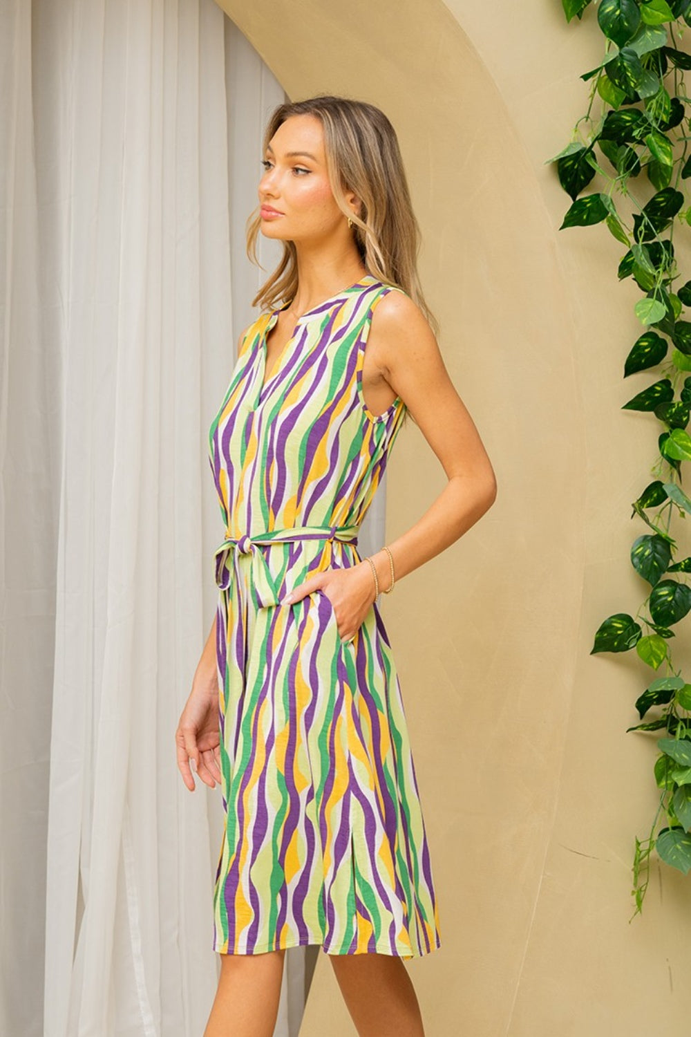 Full Size Stripe Tied Sleeveless Dress with Side Pockets