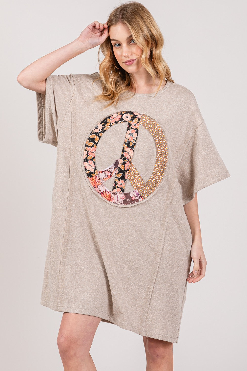 Full Size Peace Sign Applique Short Sleeve Tee Dress