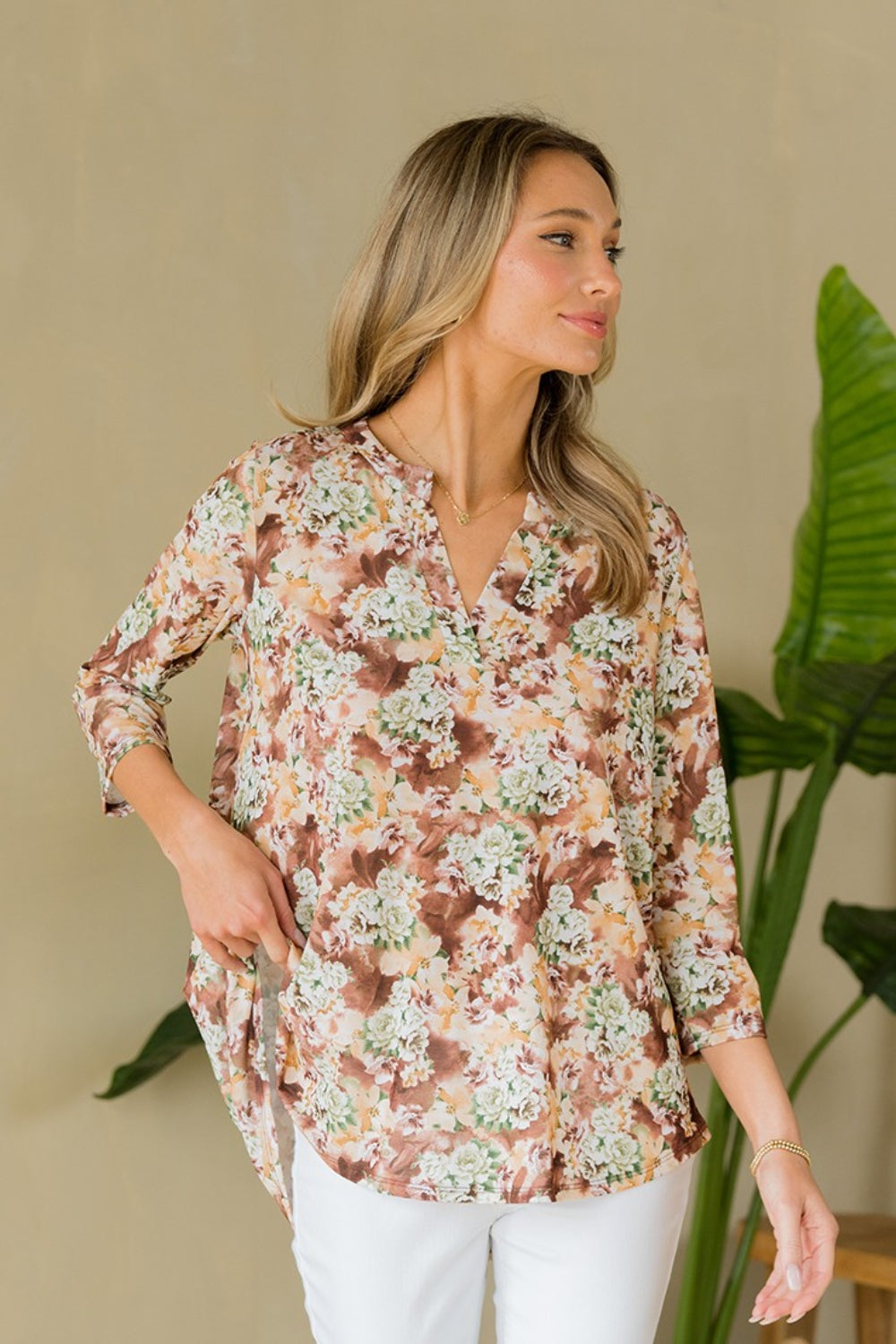 Full Size Wrinkle-Free Floral Notched Top