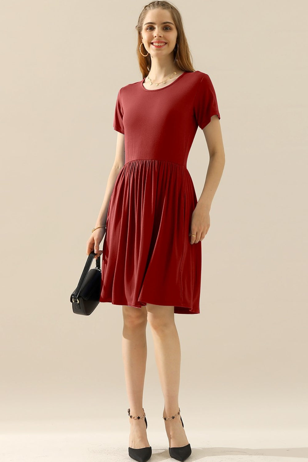 Plus Size Round Neck Ruched Dress with Pockets