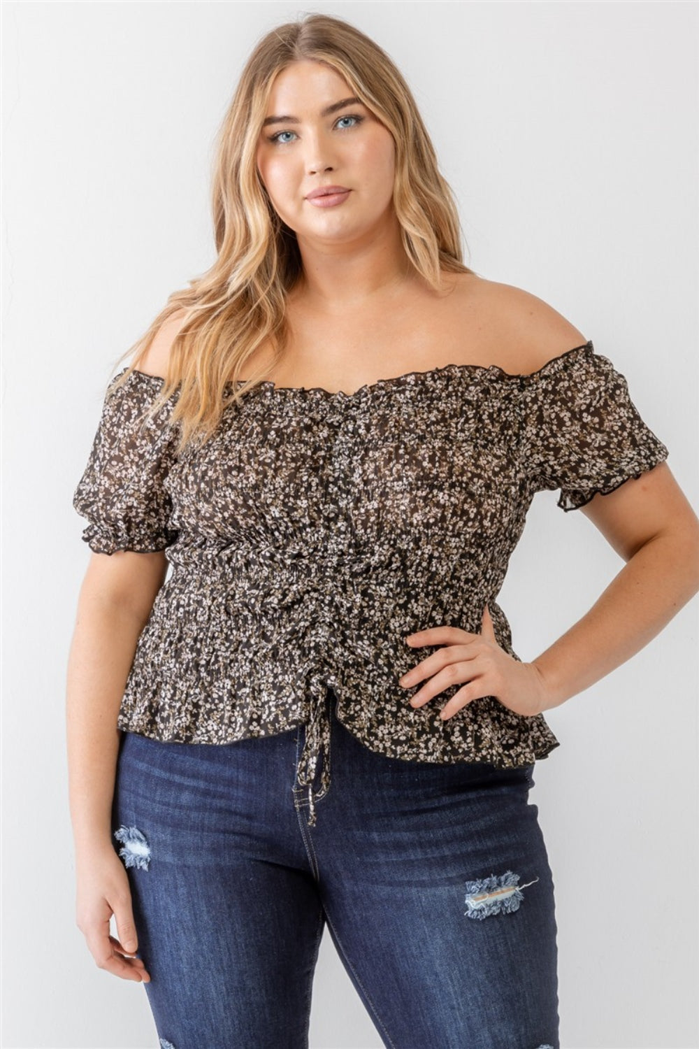 Plus Size Frill Ruched Off-Shoulder Short Sleeve Blouse