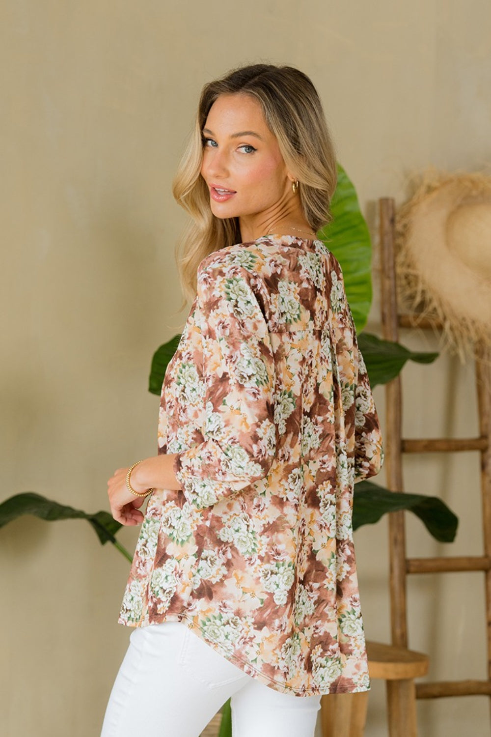 Full Size Wrinkle-Free Floral Notched Top